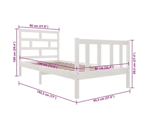 Gultas Rāmis, Balts, Masīvkoks, 90X190 Cm, Vienvietīgs Vidaxl