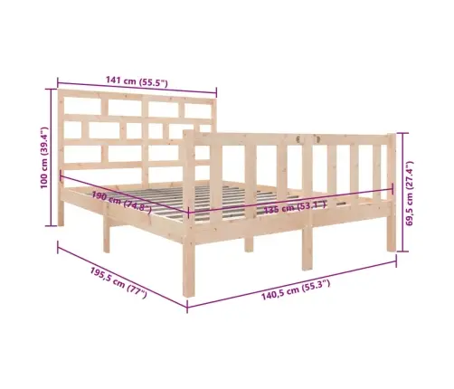 Voodiraam, 135 X 190 cm Männipuit