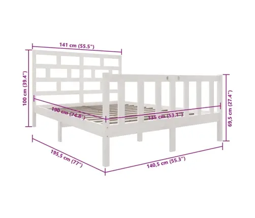Voodiraam, Valge, Täismännipuit, 135 X 190 Cm