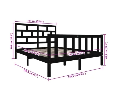 Voodiraam, Must, Täismännipuit, 135 X 190 Cm