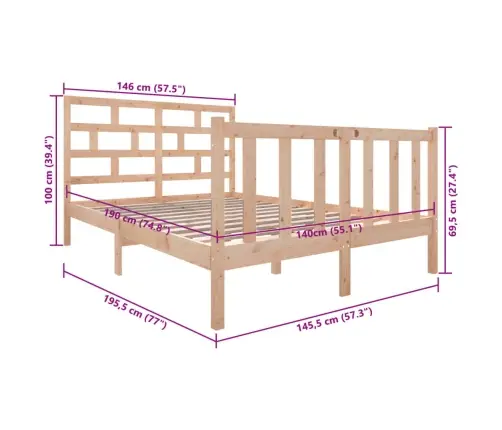 Gultas Rāmis, Priedes Masīvkoks, 140X190 Cm Vidaxl