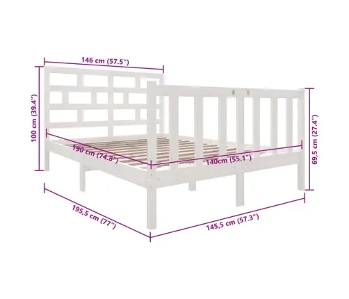 Voodiraam, Valge, Täismännipuit, 140 X 190 Cm