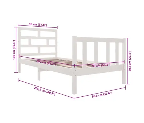 Voodiraam, Valge, Täismännipuit, 90 X 200 Cm