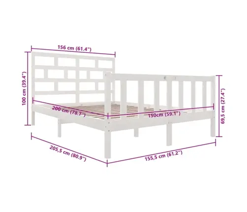 Gultas Rāmis, Balts, Priedes Masīvkoks, 150X200 Cm, Divvietīgs Vidaxl