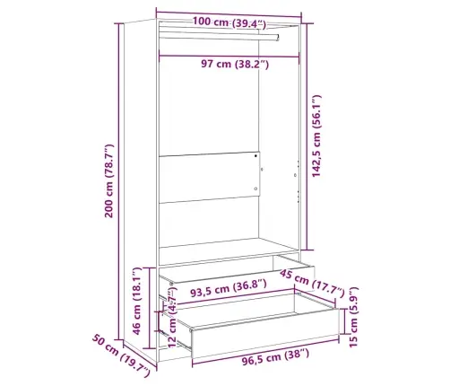 Drēbju Plaukts, Pelēka Ozola, 100X50X200 Cm, Inženierijas Koks Vidaxl