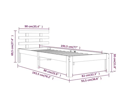 Voodiraam, Täismännipuit, 90 X 190 Cm