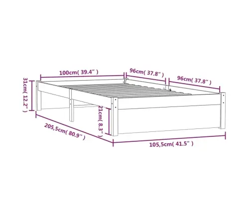 Voodiraam, Valge, Männipuit, 100 X 200 Cm