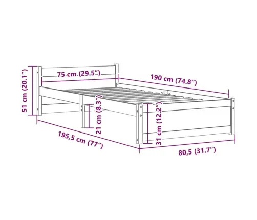Gultas Rāmis, Balts Masīvkoks, 75X190 Cm, Mazs, Vienvietīgs Vidaxl