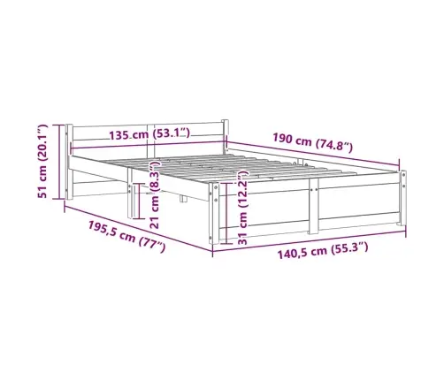 Voodiraam, Männipuit, 135 X 190 Cm