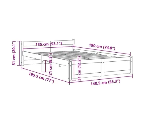 Gultas Rāmis, Balts, Masīvkoks, 135X190 Cm, Divvietīgs Vidaxl