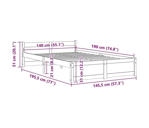 Gultas Rāmis, Balts, Masīvkoks, 140X190 Cm Vidaxl