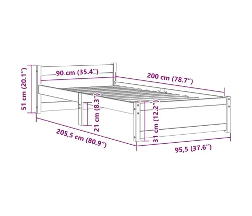 Voodiraam, Männipuit, 90 X 200 Cm