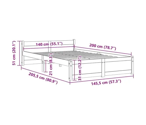 Gultas Rāmis, Balts, Masīvkoks, 140X200 Cm Vidaxl
