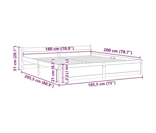 Voodiraam, Valge, Männipuit, 180 X 200 Cm