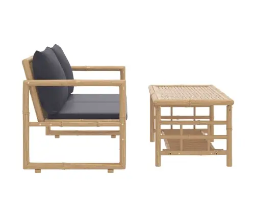 2-Osaline Aiamööbli Komplekt Tumehallide Patjadega, Bambus