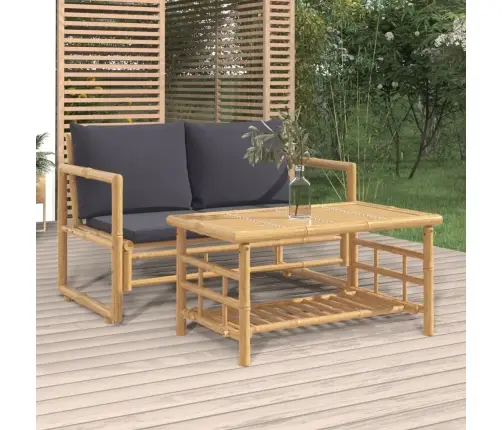 2-Osaline Aiamööbli Komplekt Tumehallide Patjadega, Bambus