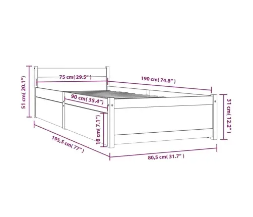 Gultas Rāmis Ar Atvilktnēm, 75X190 Cm, Vienvietīgs Vidaxl