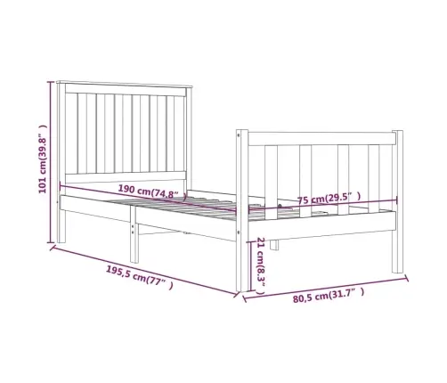 Gultas Rāmis, Melns, Masīvkoks, 75X190 Cm, Mazs, Vienvietīgs Vidaxl