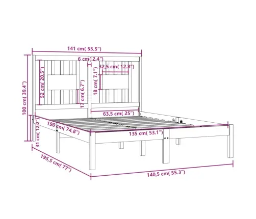 Voodiraam, Männipuit, 135 X 190 Cm