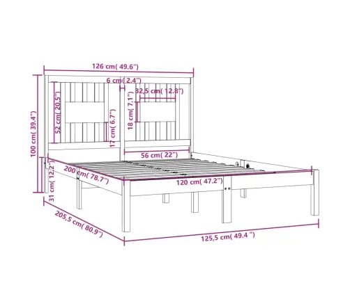 Voodiraam, Valge, Täismännipuit, 120 X 200 Cm