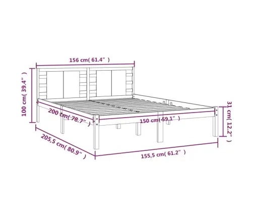 Voodiraam, Valge, Männipuit, 150 X 200 Cm