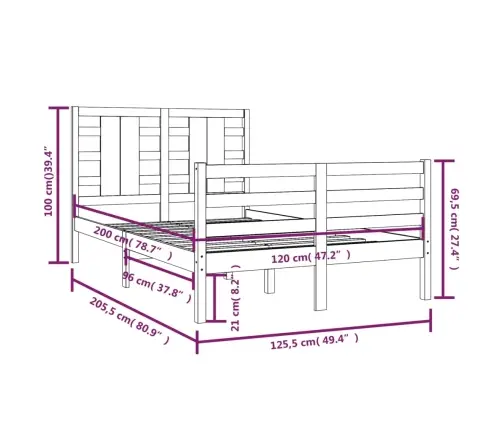 Gulta Bez Matrača, Balta, 120X200 Cm, Priedes Masīvkoks Vidaxl