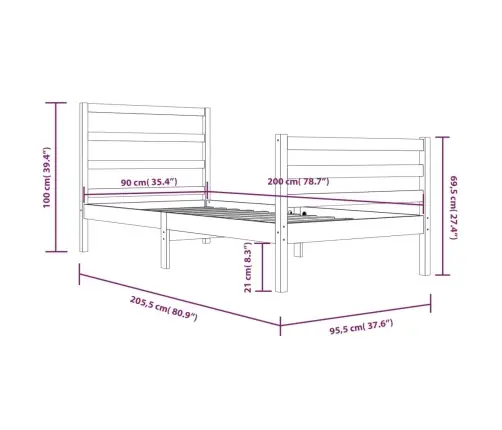 Gultas Rāmis, Balts, Priedes Masīvkoks, 90X200 Cm Vidaxl