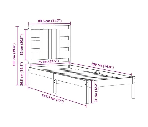 Gultas Rāmis, Masīvkoks, 75X190 Cm, Mazs, Vienvietīgs Vidaxl