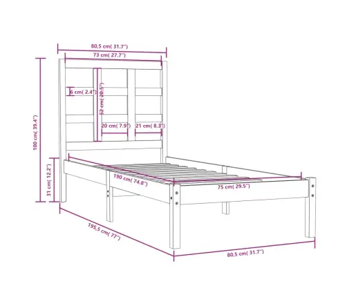 Gultas Rāmis, Masīvkoks, 75X190 Cm, Mazs, Vienvietīgs Vidaxl