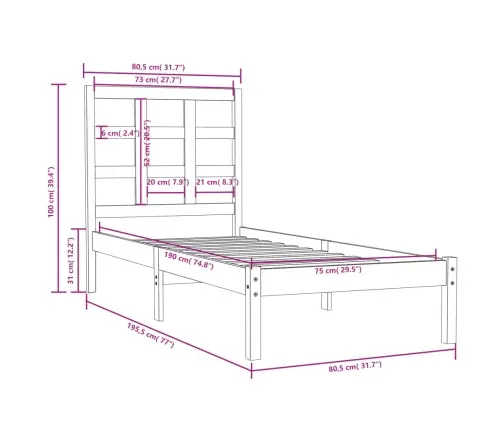 Voodiraam, Valge, Männipuit, 75 X 190 Cm