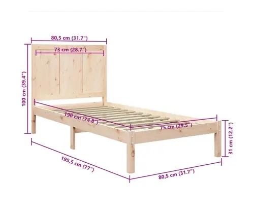 Gulta Bez Matrača, 75X190 Cm, Priedes Masīvkoks Vidaxl