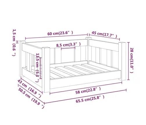 Suņu Gulta, Balta, 65,5X50,5X28 Cm, Priedes Masīvkoks Vidaxl