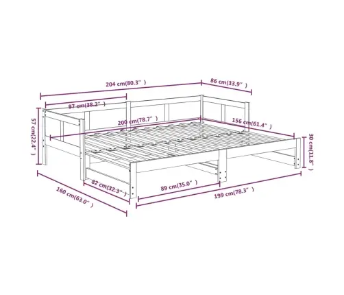Väljatõmmatav Päevavoodi, Valge, Männipuit, 2 X (80-200) Cm