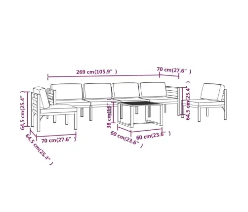 7-Daļīgs Dārza Atpūtas Mēbeļu Komplekts Ar Matračiem, Alumīnijs Vidaxl