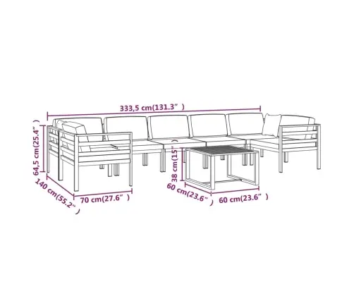 8-Daļīgs Dārza Atpūtas Mēbeļu Komplekts Ar Matračiem, Alumīnijs Vidaxl