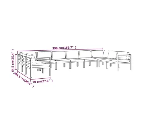 10-Daļīgs Dārza Atpūtas Mēbeļu Komplekts, Matrači, Alumīnijs Vidaxl