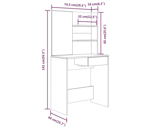 Galdiņš Ar Spoguli, Balts, 74,5X40X141 Cm Vidaxl