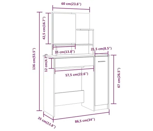 Peegliga Tualettlaud, Must, 86,5 X 35 X 136 Cm