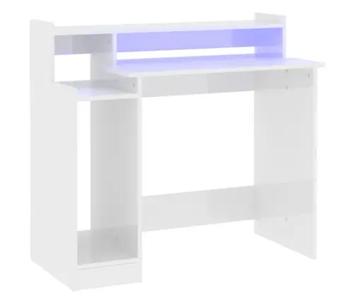 Kirjutuslaud Led-Tuledega, Kõrgläikega Valge, 97X45X90 Cm