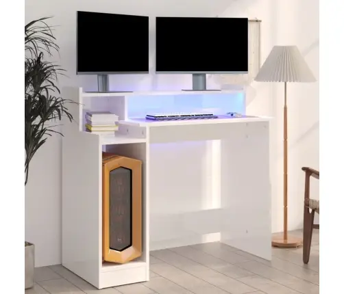 Kirjutuslaud Led-Tuledega, Kõrgläikega Valge, 97X45X90 Cm