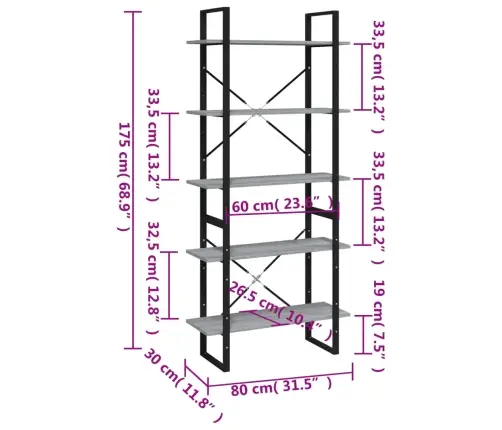 Spintelė Knygoms, 5 Lentynos, Pilka, 80X30X175cm Mediena