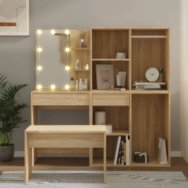Kosmetinio Staliuko Komplektas Su Led, Ąžuolo, Apdirbta Mediena