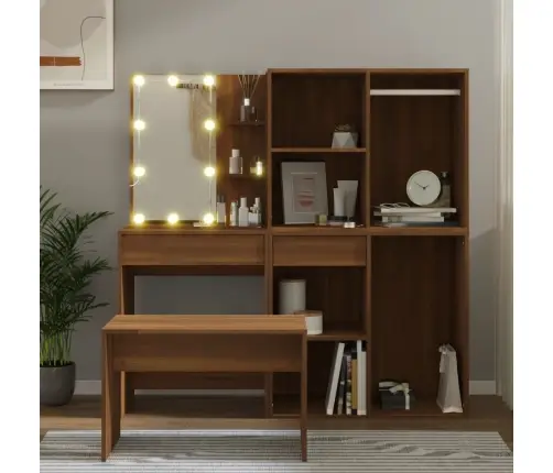 Spoguļgaldiņa Komplekts, Led, Ozola Krāsas Inženierijas Koks Vidaxl