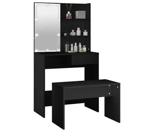 Spoguļgaldiņa Komplekts, Led, Inženierijas Koks, Melns Vidaxl