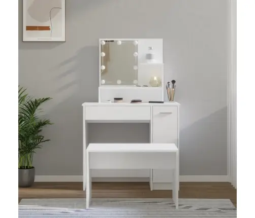 Spoguļgaldiņa Komplekts, Led, Balts Inženierijas Koks Vidaxl