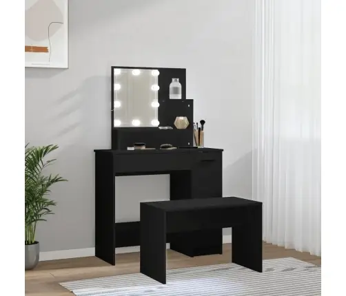 Spoguļgaldiņa Komplekts, Led, Inženierijas Koks, Melns Vidaxl