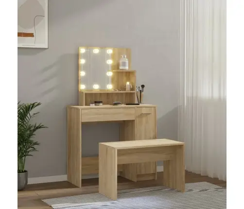 Spoguļgaldiņa Komplekts, Led, Ozola Krāsas Inženierijas Koks Vidaxl