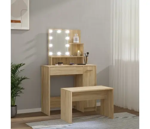 Spoguļgaldiņa Komplekts, Led, Ozola Krāsas Inženierijas Koks Vidaxl