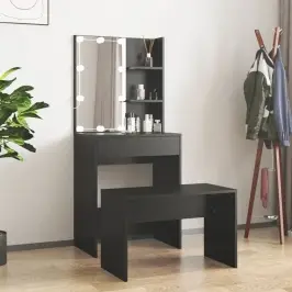 Spoguļgaldiņa Komplekts, Led, Inženierijas Koks, Melns Vidaxl