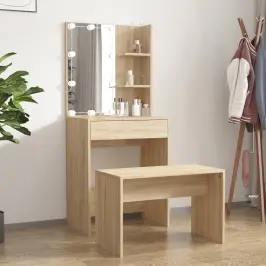 Spoguļgaldiņa Komplekts, Led, Ozola Krāsas Inženierijas Koks Vidaxl
